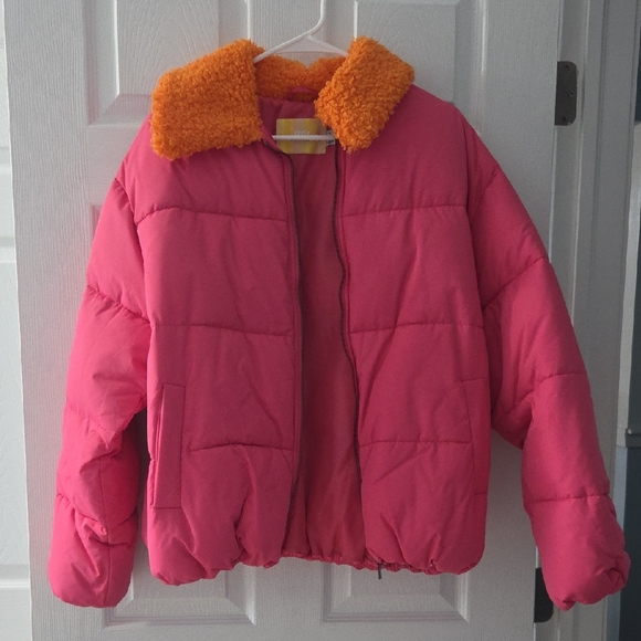 Urban Outfitters Jackets & Blazers - Urban Outfitters Pink Puffer with Orange Collar, Size S